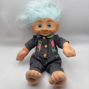 Vintage 1991 Treasure Troll Ace Novelty Plush with Denim Outfit Blue Hair 12"